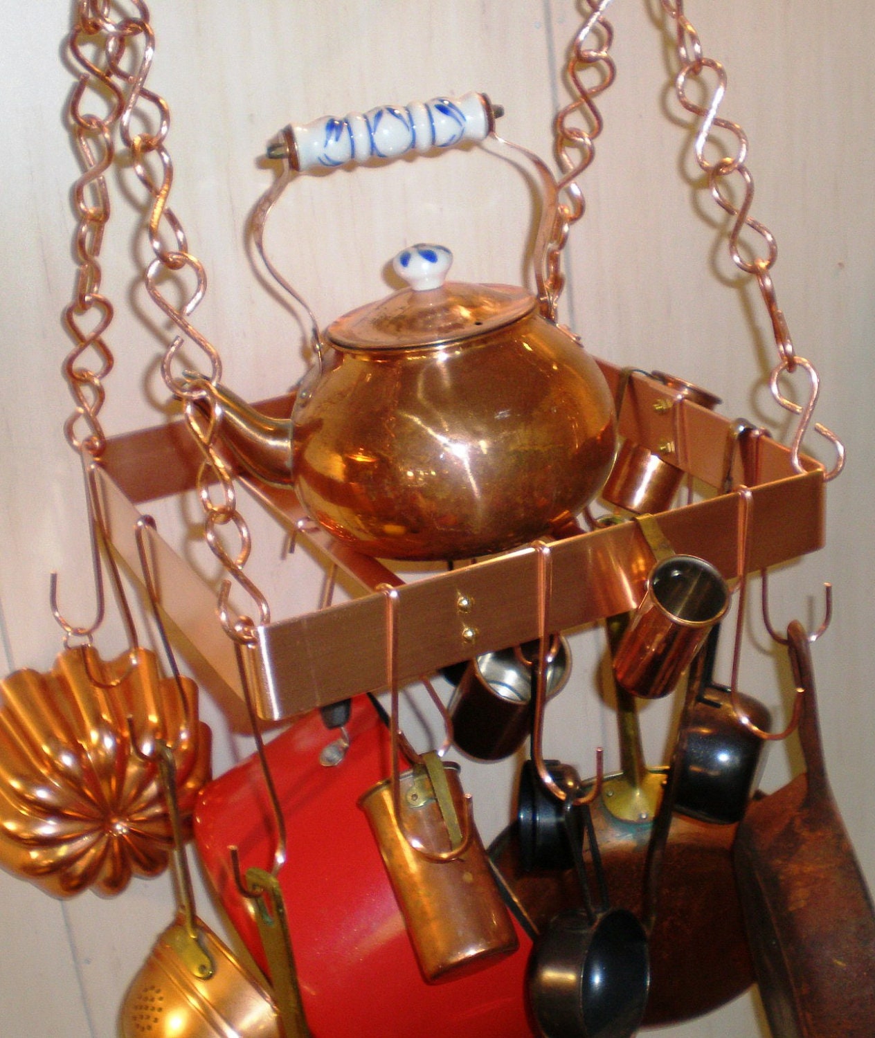 12 Inch SQUARE Hanging Solid Copper Pot Rack  with 16 hooks and