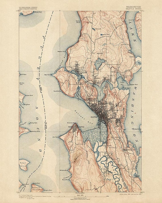 Antique Map of Seattle 1894 USGS Topographic by BlueMonoclePrints