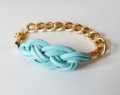 Mint Knot Chain Bracelet - Turquoise Suede Sailor Knot Bracelet with Gold Color Aluminum Chain - Bridesmaids Gift Ideas