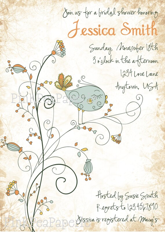 Custom Printable Vintage Bird Bridal Shower Invitation - Orange and Green - Digital Printable Il_570xn