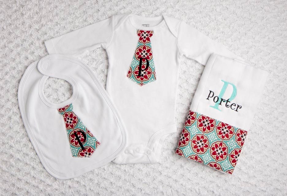 Baby Boy Monogrammed Tie Onesie Tie Bib & Burp by TamsAndTogs