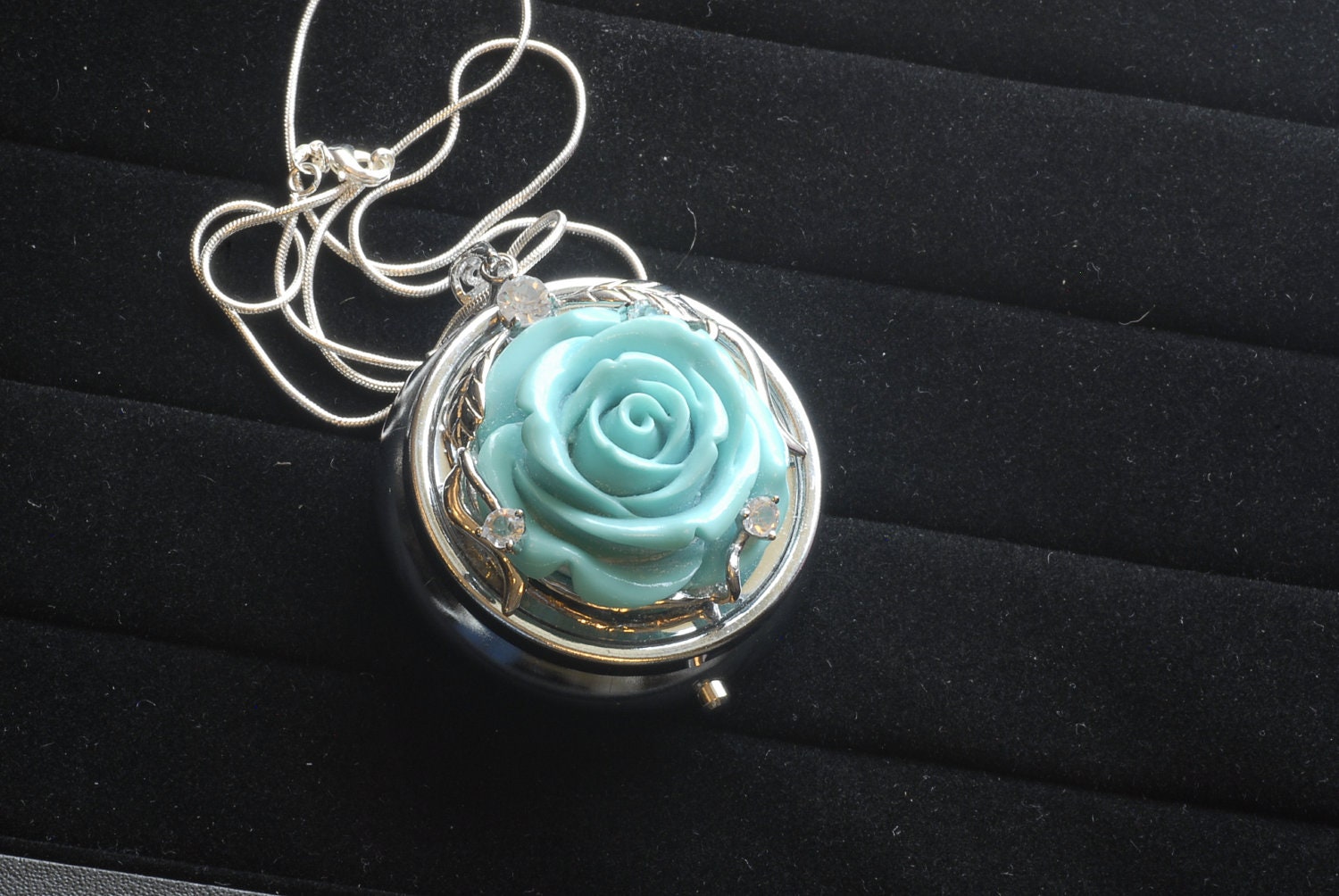 Turquoise Rose Music Box Pendant Necklace with Necklace