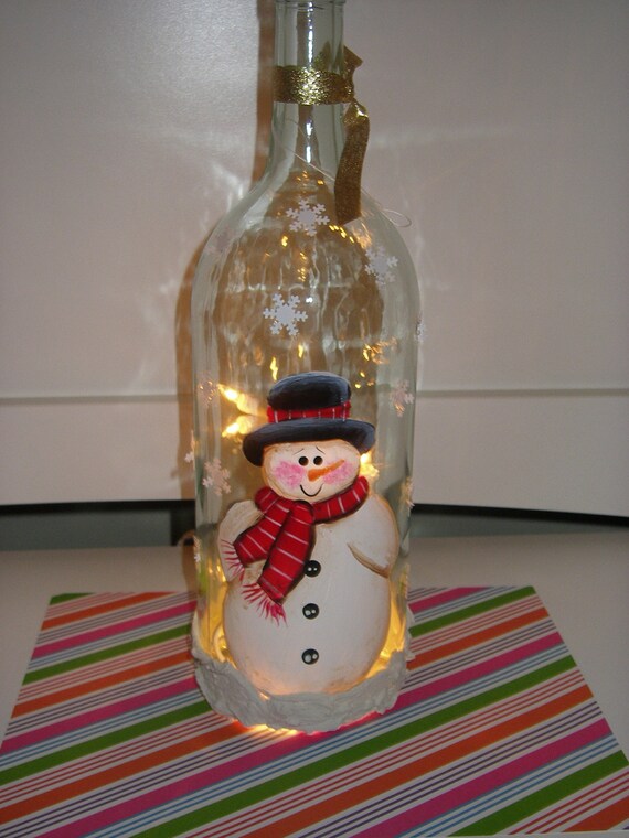 decoupage wine lights bottle bottle Handpainted with lights wine snowman