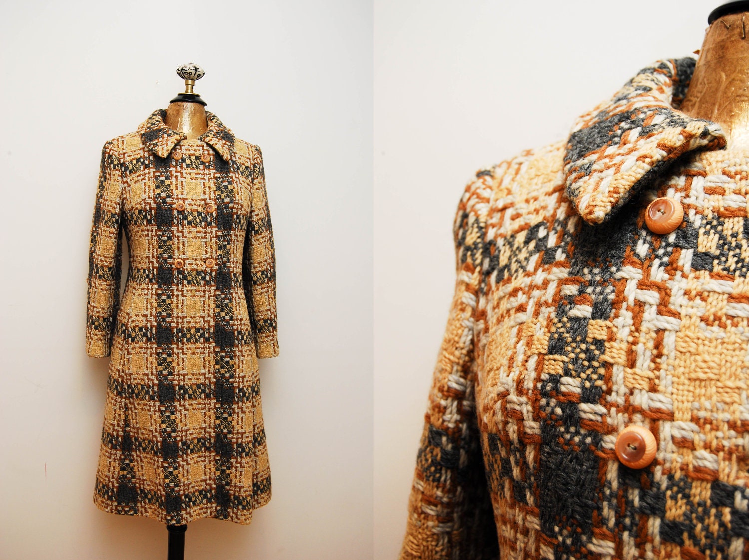 1950s Vintage Plaid Woven Winter Coat / 50s Wool Double