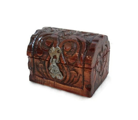 Old hand carved wood PIRATE TREASURE CHEST by cabinetocurios