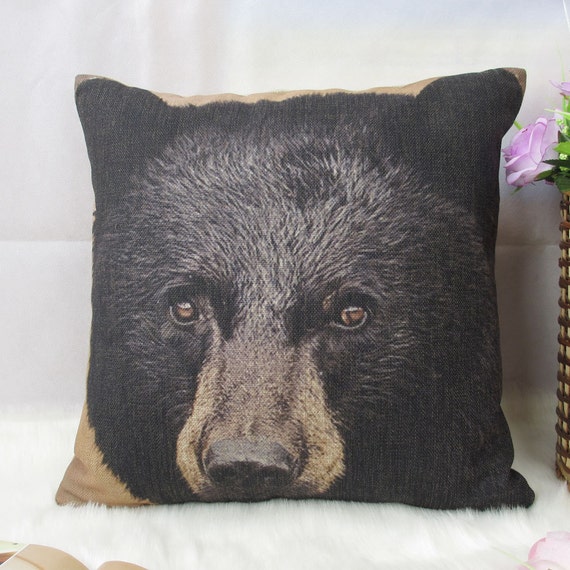 1 cotton linen simple forest mountain black bear head Pillow Cover / Cushion case 18x18 sofa decor