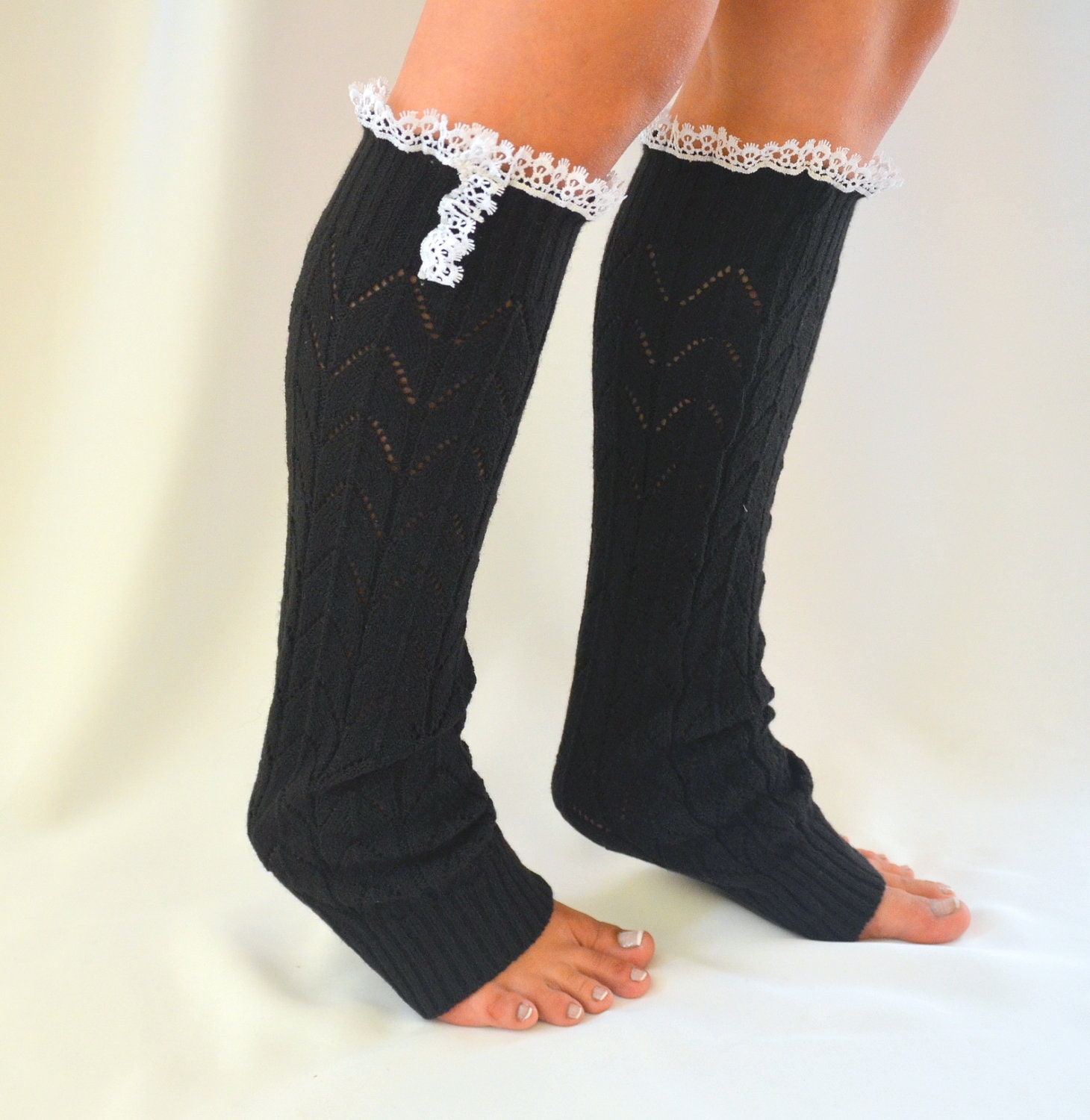 BS5371 Black knit lace leg warmers boot socks cuff lace leg
