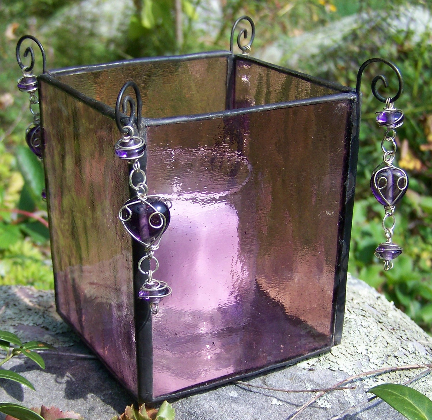 Stained Glass Candle Holder With Dangling Beads 1255