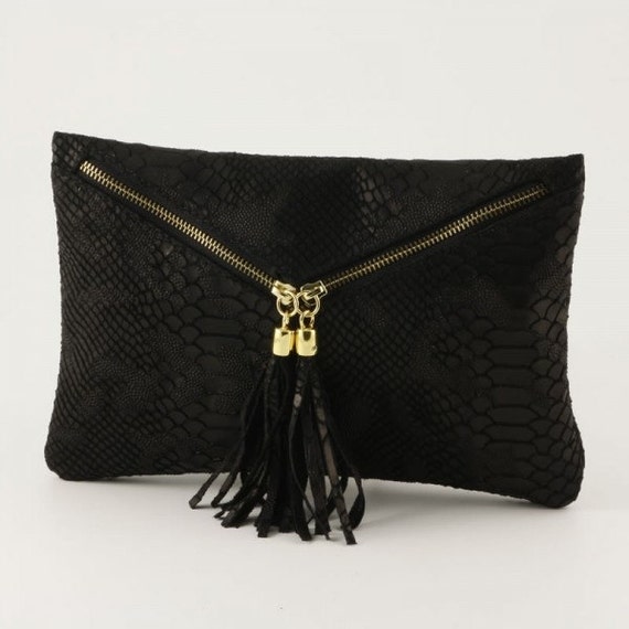 Handmade Python Leather Black Clutch Ladies Womans Bags