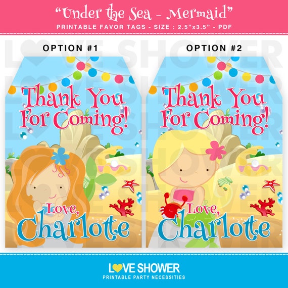 mermaid under the sea printable favor tags or thank you tags