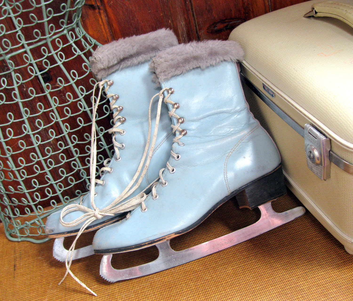 Blue Ice Skates Fur trim Vintage 1950 s JC Higgins