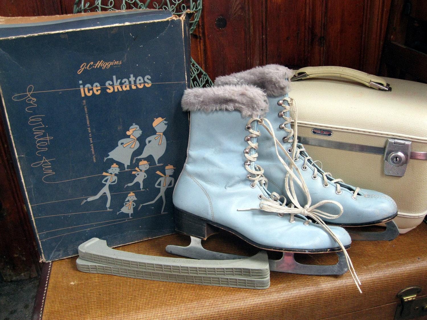 Blue Ice Skates Fur trim Vintage 1950's JC Higgins