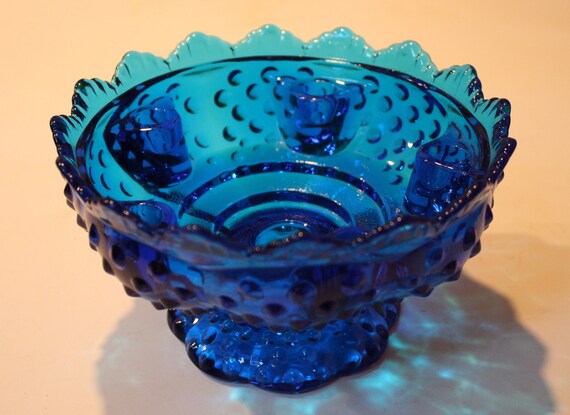 Vintage Fenton Blue Glass Candle Holder Bowl