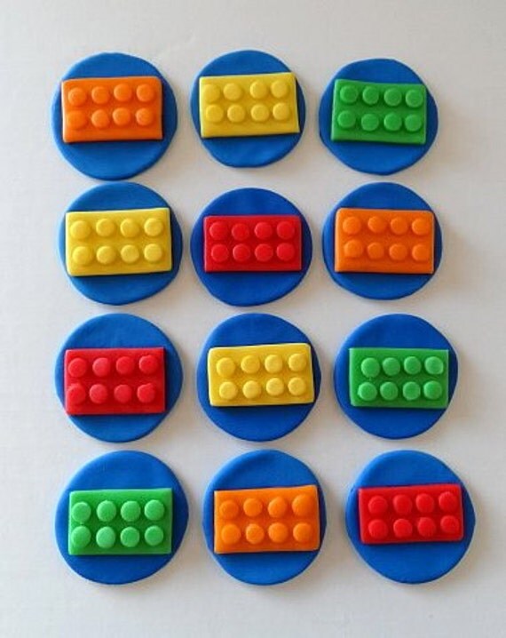 12 Fondant Lego inspired cupcake toppers building