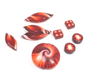 Variety beads set in maroon, red, orange and white, Polymer Clay beads, unique pattern, Set of 9 beads