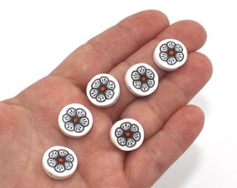 Polymer Clay round beads in black, white, red and orange. Millefiori unique flat beads, flower pattren Set of 6