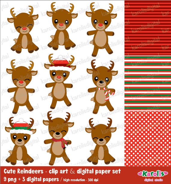 Cute reindeers digital clip art and digital paper set