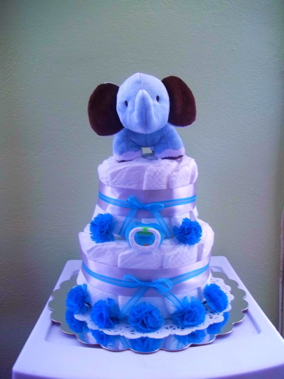 Boy Elephant Diaper Cake in Blue and Silver