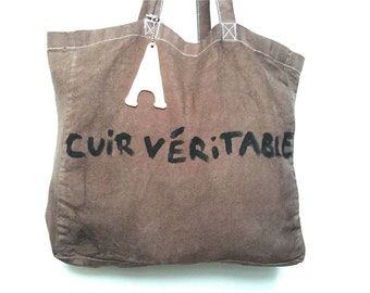 CUSTOM Cuir Véritable Big Fun Quote Genuine Leather Cotton Shoulder Eco Tote BAG / Eve Damon