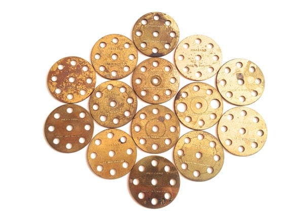 Job lot of 2 vintage Meccano brass wheel discs, steampunk supplies, vintage toys, metal art, gothic, job lot steampunk buy now online