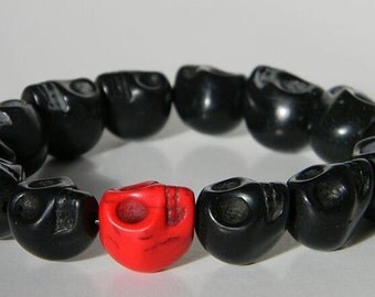 Black (Red) Day of the Dead Skull Bracelet (Dia De Los Muertos - All Saints Day) - Crafted In The USA