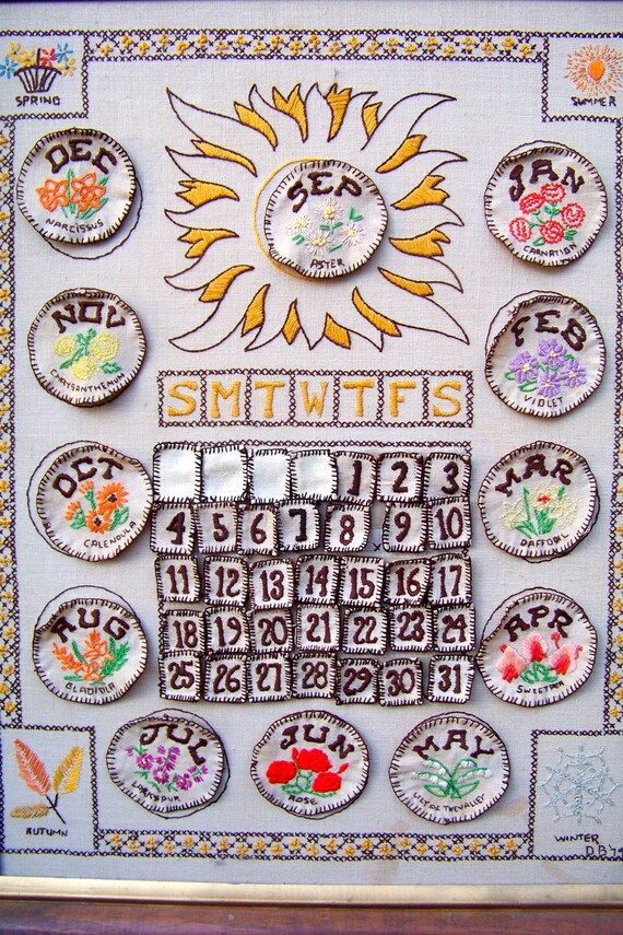 Stunning Embroidered Perpetual Calendar. New Year's. Wood