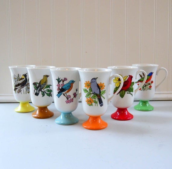bird of Mug Set Coffee Cups  6 Pedestal vintage Vintage  Bird cups