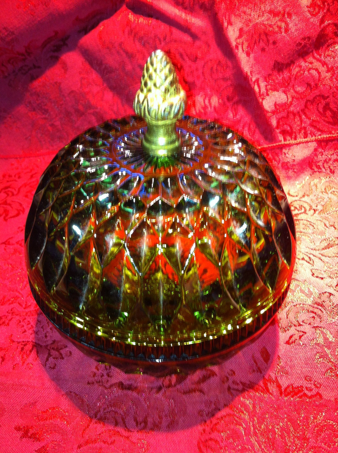 Green Depression glass candy dish bowl with brass acorn