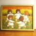 Vintage Little Girls Playing Ring around the Rosie Painting, Colorful Floral Girl Picture
