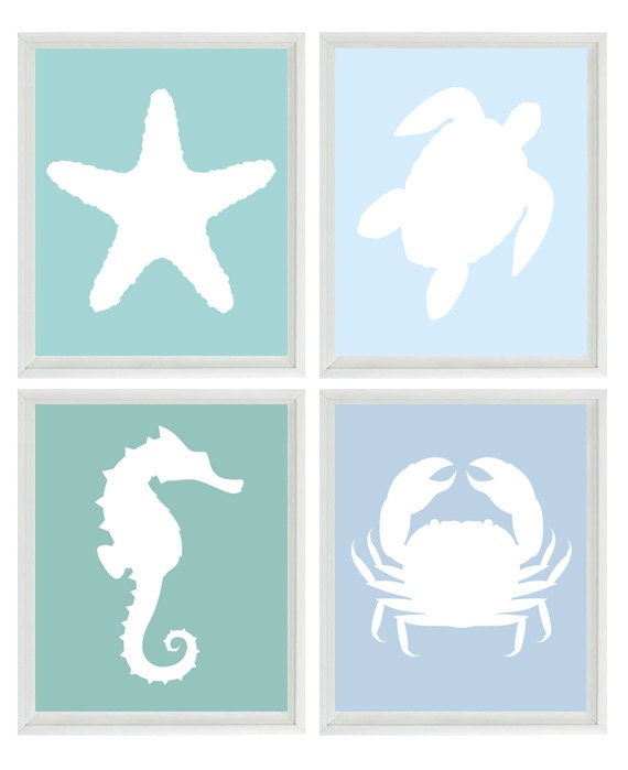 Beach Nautical Nursery Art  Print Set Blue Aqua Sea