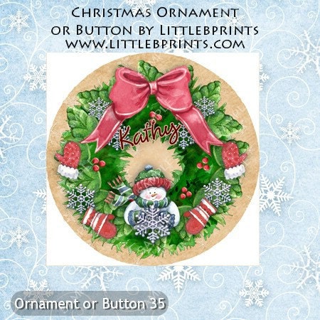 Snowman Pine Wreath Personalized Snowflake Christmas Tree Ornament