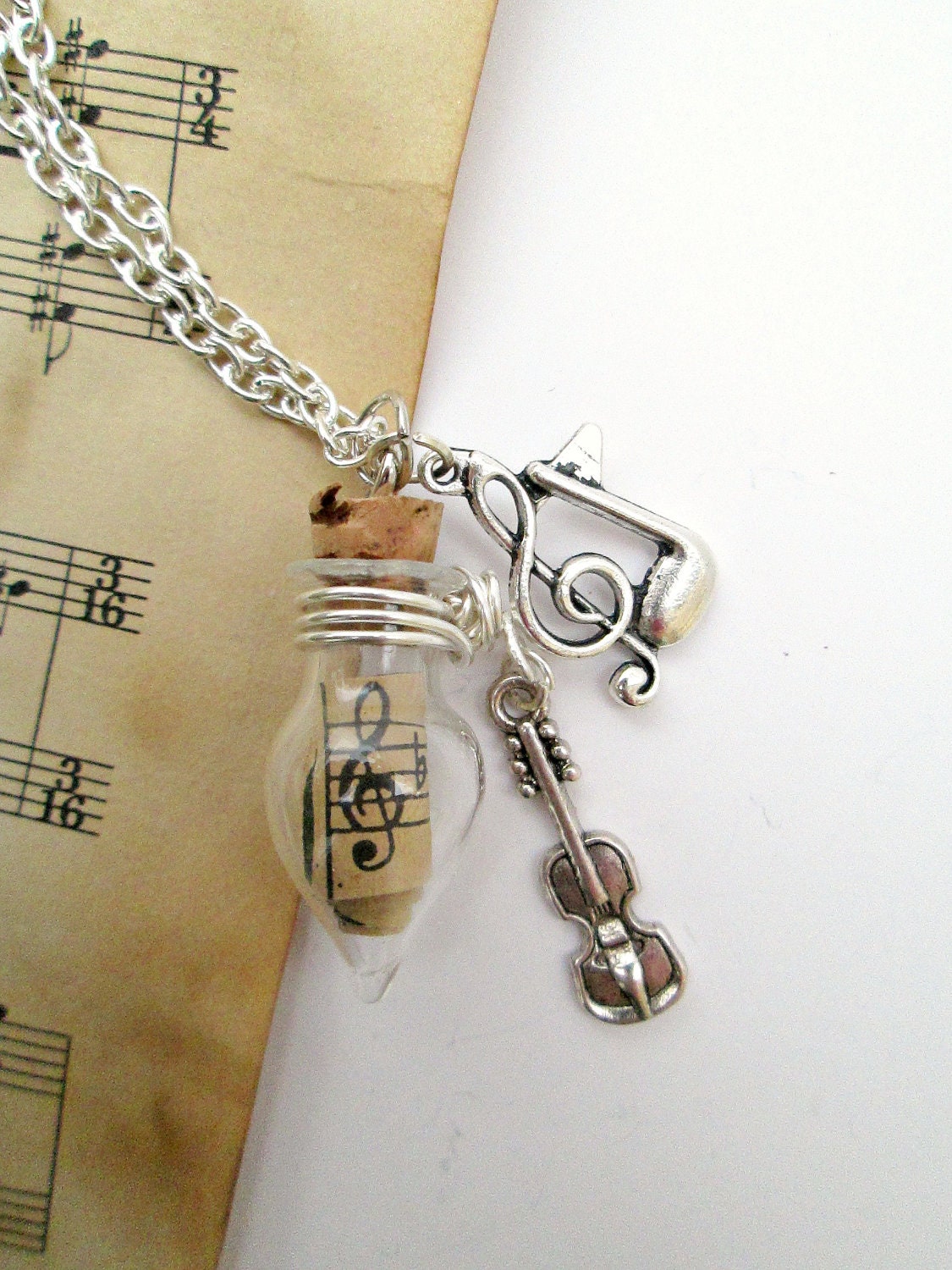 Violin necklace tiny violin and clef charm glass vial by WhimsyJig