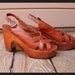 70s Brown Wooden Leather Platform Wedge Sandals Hippie Disco Boho Size 6.5 7