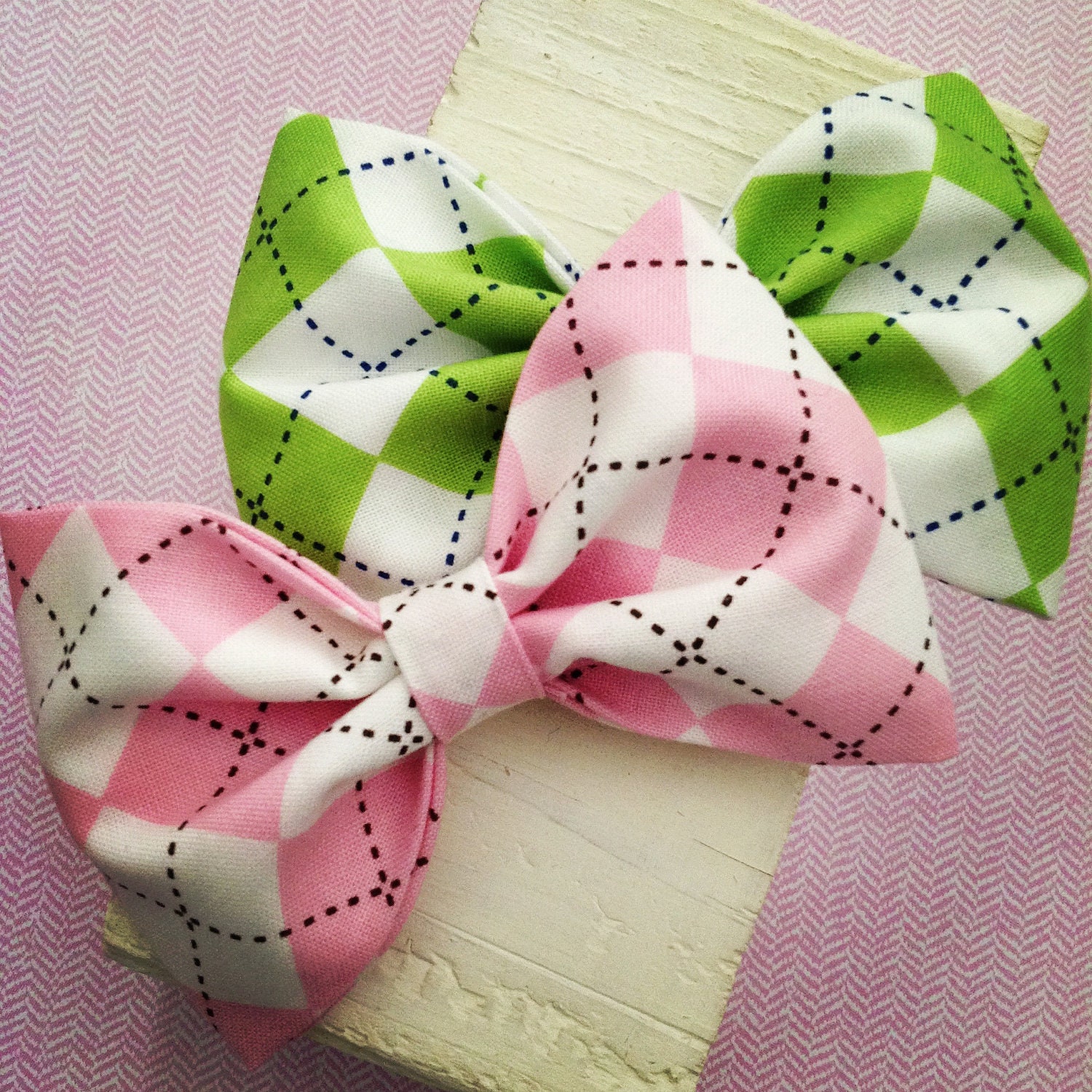 Preppy argyle fabric hair bow pink green white by SplendidBee