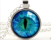 Cat Eye Necklace - Cat Eye Pendant - Blue Eye Art Jewelry - Colorful Prismatic Picture Pendant with Chain and Gift Bag