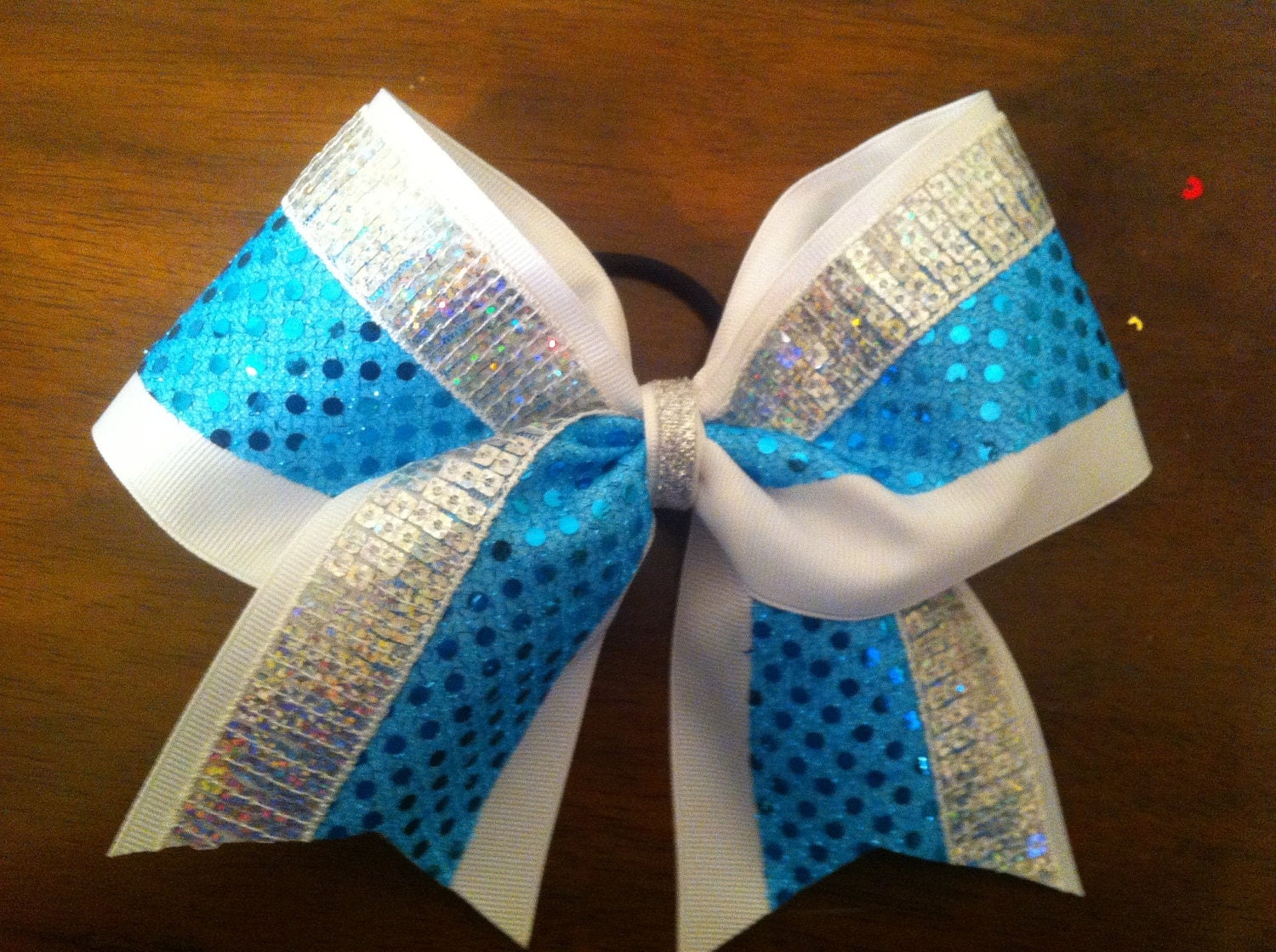 Turquoise and Silver Cheer Bow by AnnieBowBannieBows on Etsy