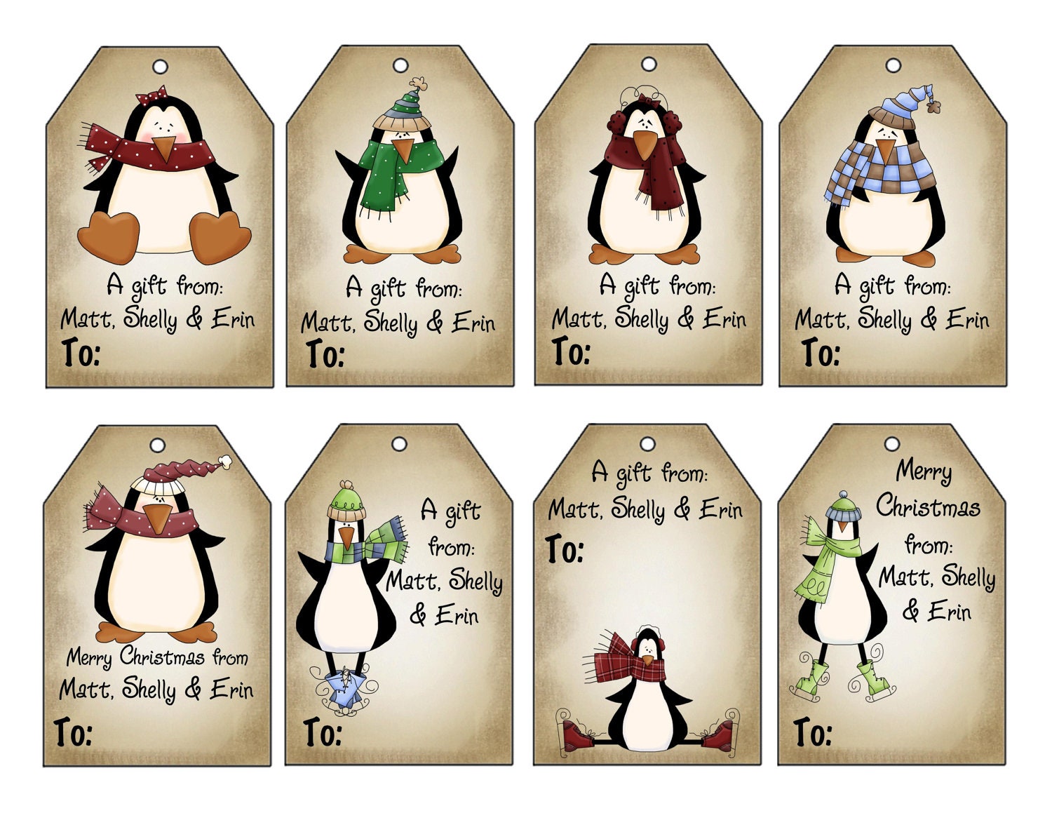 Printable Personalized Winter Penguins Christmas Gift Tag Set