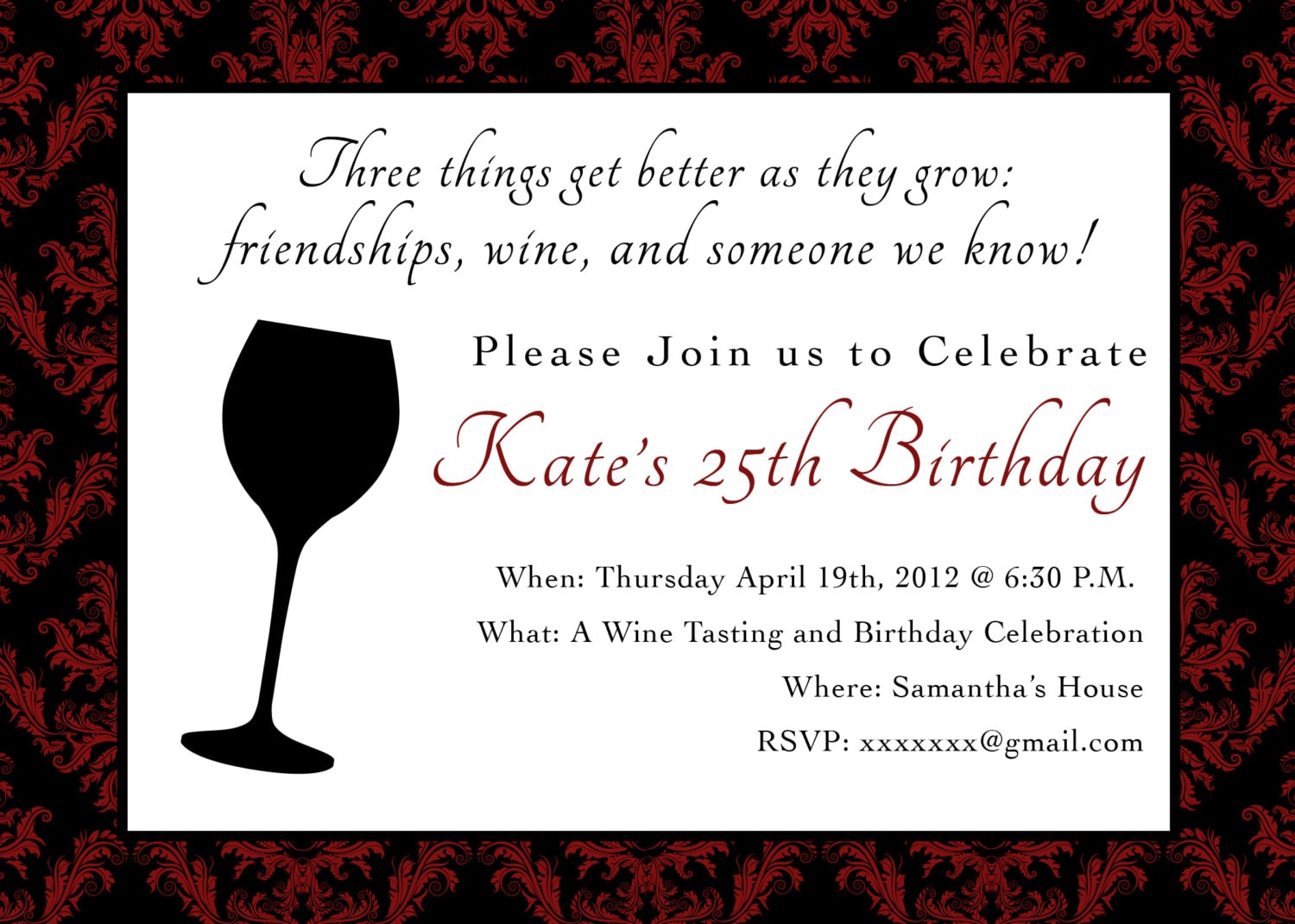 Printable Birthday Party Invitation 5 x 7 Wine Themed