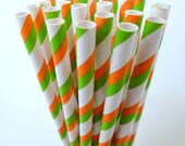 Orange Paper Straws, 50 Striped ORANGE and GREEN Paper Straws, Cake Pops, Miami Tailgates, Carnival Party, Diy Flags Il_170x135