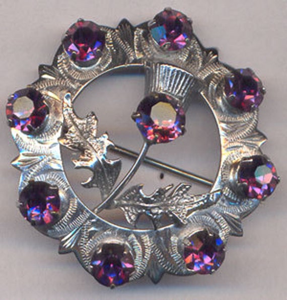 Vintage Scottish Brooch...MIZPAH...Amethyst Rhinestone Thistle