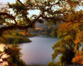 Landscape Photography - lake framed by autumn leaves, orange and green, autumn wall decor, autumn wall art, fall, autumn leaves - "Harmony"