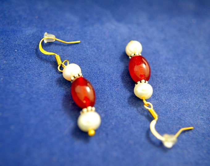 Natural Pearl and Ruby Gem Bead Earrings, 2 Inches Long, Gold Plate E80