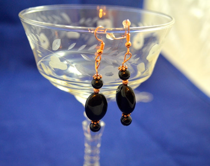 Black Agate Earrings with Pure Cooper, Natural Agate Beads, 2" Long, E200