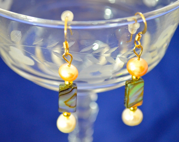 Pearl & Paua Earrings, Natural, Yellow Gold Filled French Hooks E261