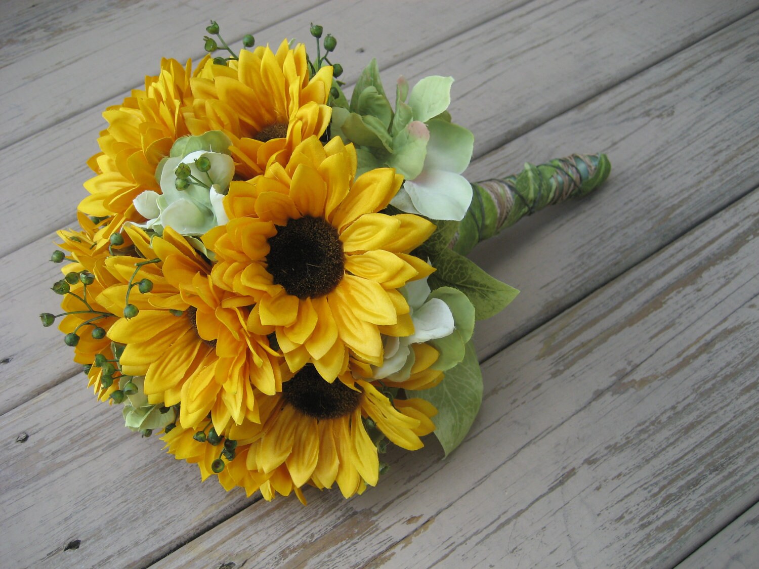 Sunflower and Hydrangea Wedding Bouquet