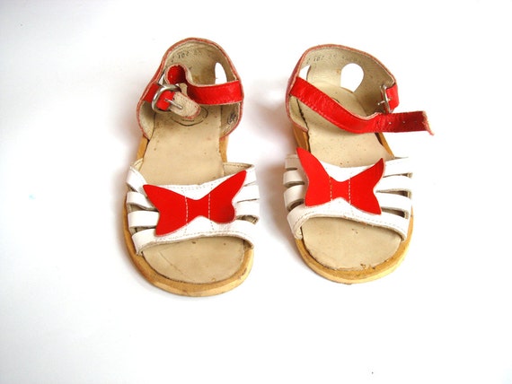 Soviet design sandals for girls red and white leather USSR