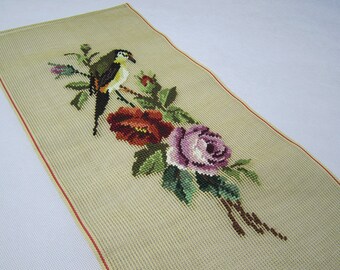 Preworked Needlepoint Canvas Bird and Flowers Design Finished