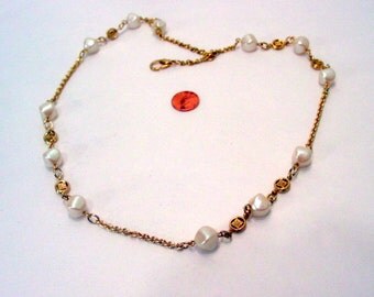 Vintage Givenchy Necklace, Designer with Baroque Faux Pearls and Multiple Logos Vintage Jewellery Runway Couture Gold and White