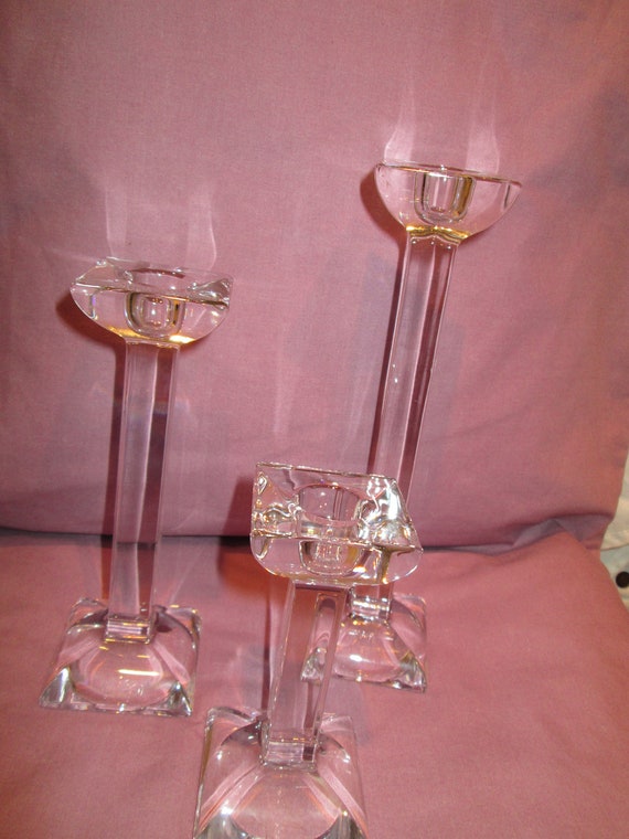 Set of 3 crystal Art Deco Style candlesticks in various hights