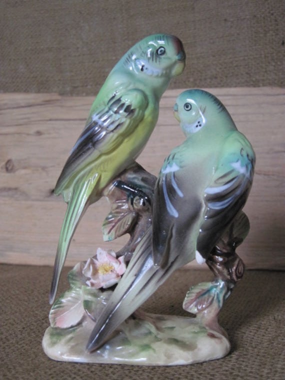 Vintage Ucagco Ceramic Japan Parakeet Birds Figurine Sitting